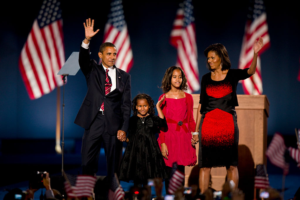 A young Sasha featured with her parents and sister Malia on the night her father is elected president in 2008. 