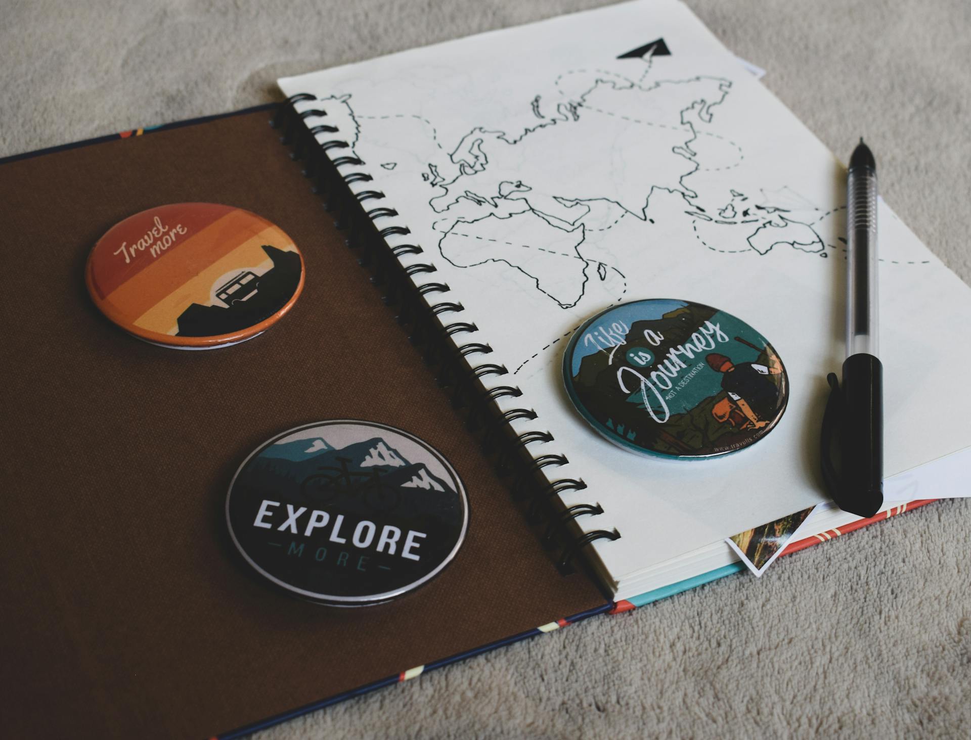 Life Is a Journey, Travel More, Explore buttons on journal